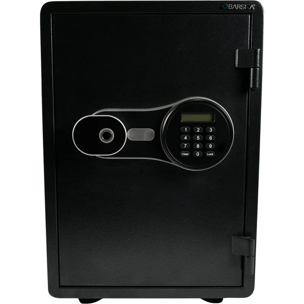 Barska AX14198 FV Pro 500 biometric fire resistant safe in matte black with distinctive oval-shaped lock plate featuring biometric fingerprint scanner on the left and backlit keypad with LCD display on the right, Barska logo at top, and external hinges on the right side, front closed view
