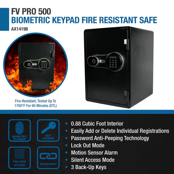 Barska AX14198 FV Pro 500 features infographic showing the safe surrounded by flames with key specs: 0.88 cubic foot interior, biometric scanner and PIN code access, ETL-tested fire resistance up to 1,700 degrees Fahrenheit for 60 minutes, password anti-peeping technology, lock-out mode, motion sensor alarm, silent access mode, and 3 backup keys
