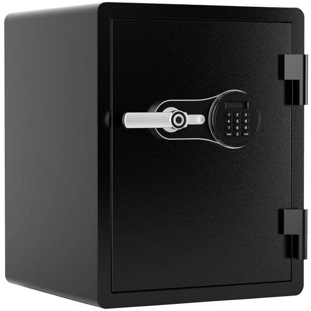 Barska AX14200 FV Pro 600 biometric fire resistant safe in matte black shown from a slight angle showing depth of the safe body, biometric scanner and keypad on the door, and external hinges