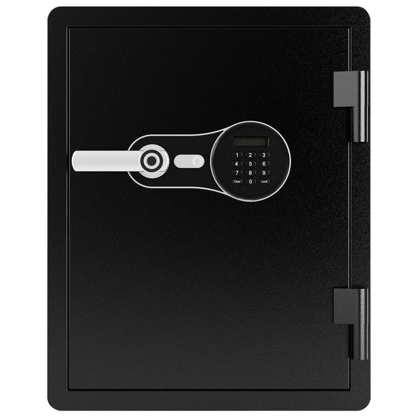Barska AX14200 FV Pro 600 biometric fire resistant safe in matte black with biometric fingerprint scanner, chrome turn handle, backlit keypad with LCD display, and external hinges on the right side, front closed view
