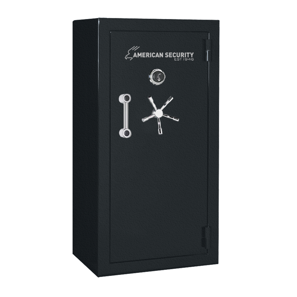 AMSEC BFX6032 gun safe in charcoal gray textured finish with chrome 5-spoke handle and mechanical dial lock.