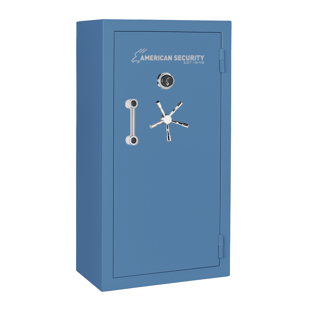 AMSEC BFX6032 gun safe in Thermal Blue finish with chrome 5-spoke handle and mechanical dial lock.