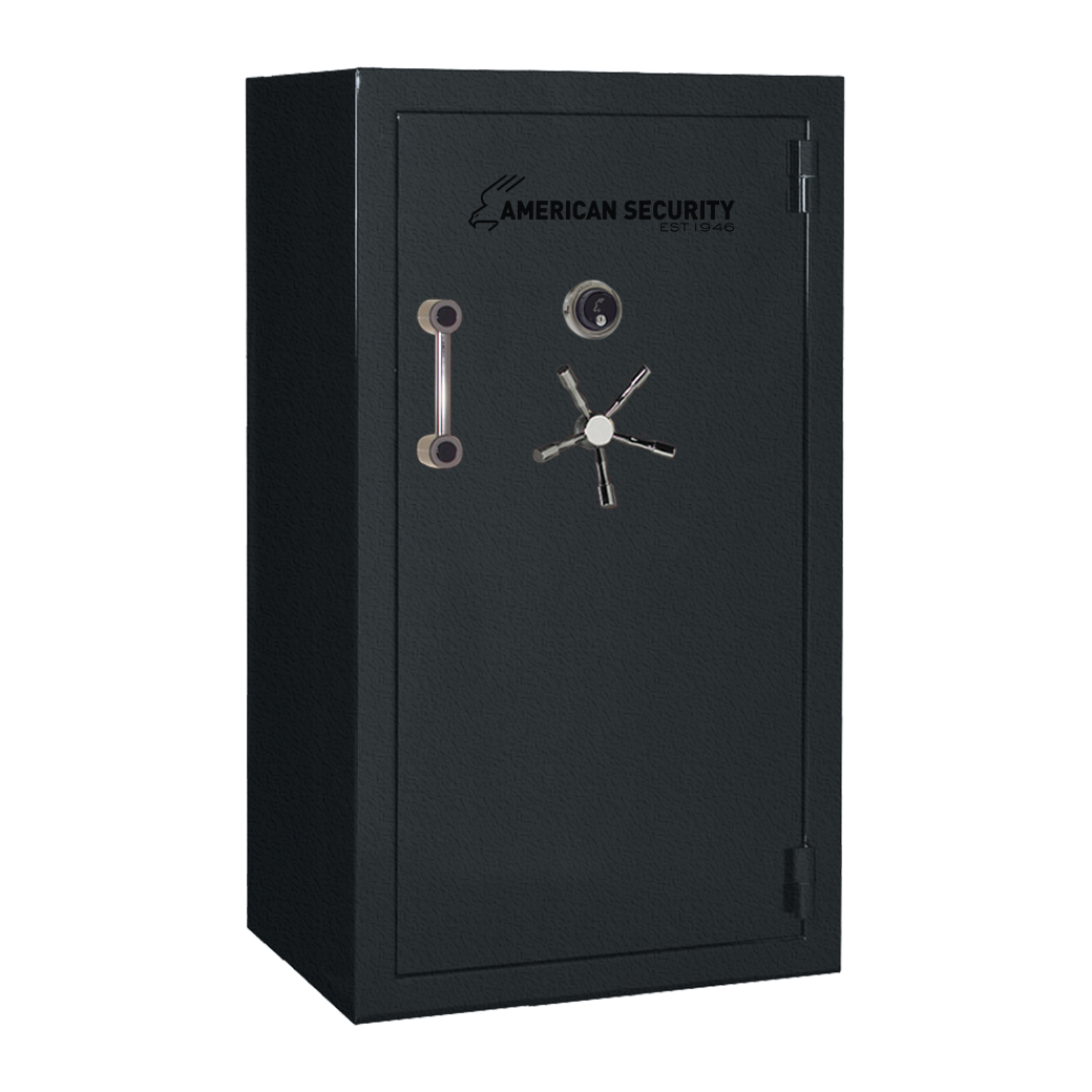AMSEC BFX6636 gun safe in charcoal gray textured finish with chrome 5-spoke handle and mechanical dial lock.