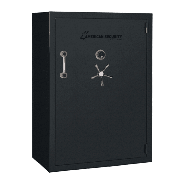 AMSEC BFX7250 gun safe in charcoal gray textured finish with chrome 5-spoke handle and mechanical dial lock.