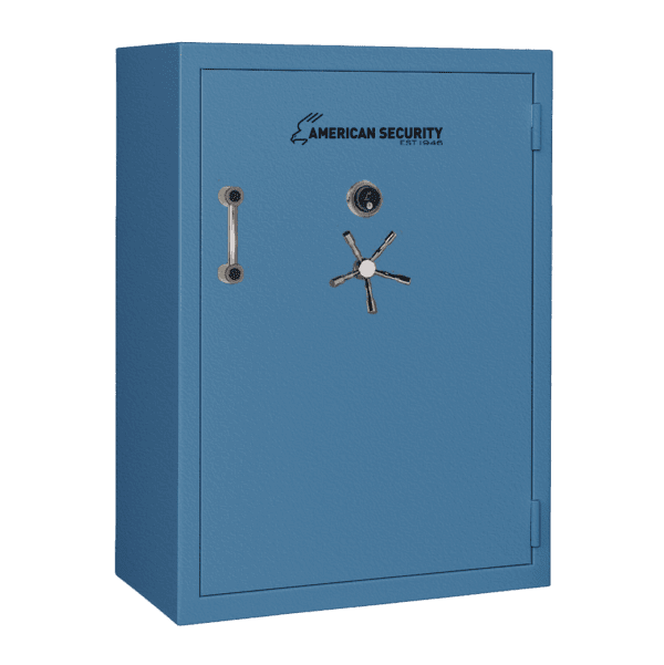 AMSEC BFX7250 gun safe in spa blue textured finish with chrome 5-spoke handle and mechanical dial lock.