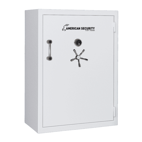 AMSEC BFX7250 gun safe in white textured finish with chrome 5-spoke handle and mechanical dial lock.
