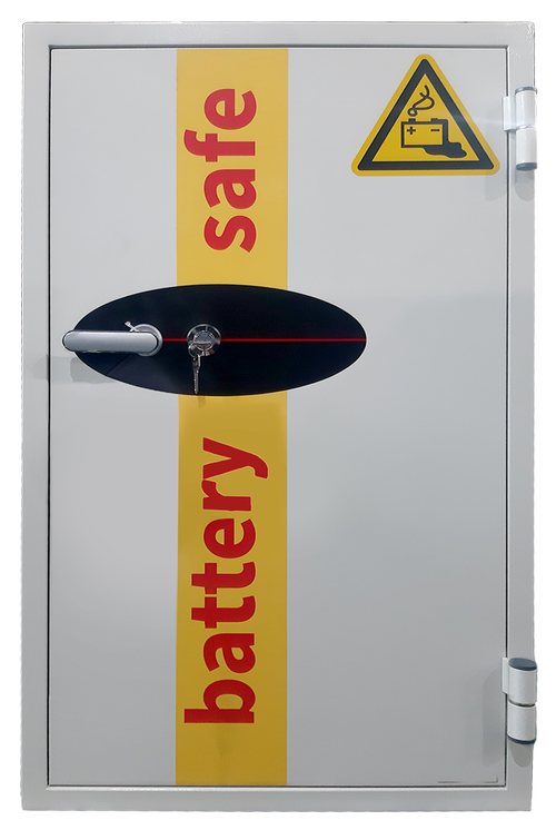 White electronic equipment cabinet with open door showing internal shelves and power tools.