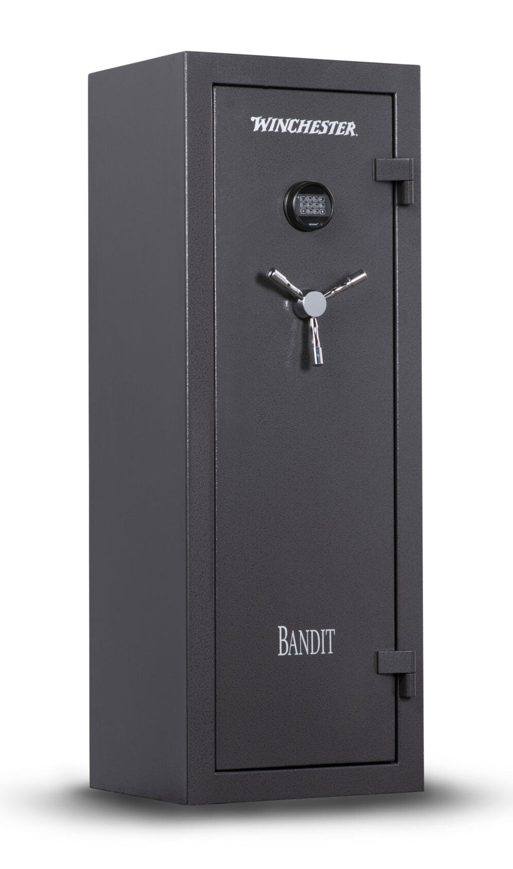 Winchester Bandit 14 gun safe in slate powder coat with 3-spoke chrome handle, SECURAM keypad, and BANDIT door badge