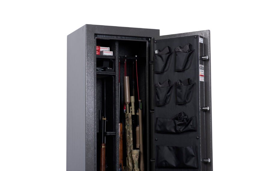 Winchester Bandit 14 detail view of adjustable shelf, top compartment, and door panel organizer holding pistols and pouches