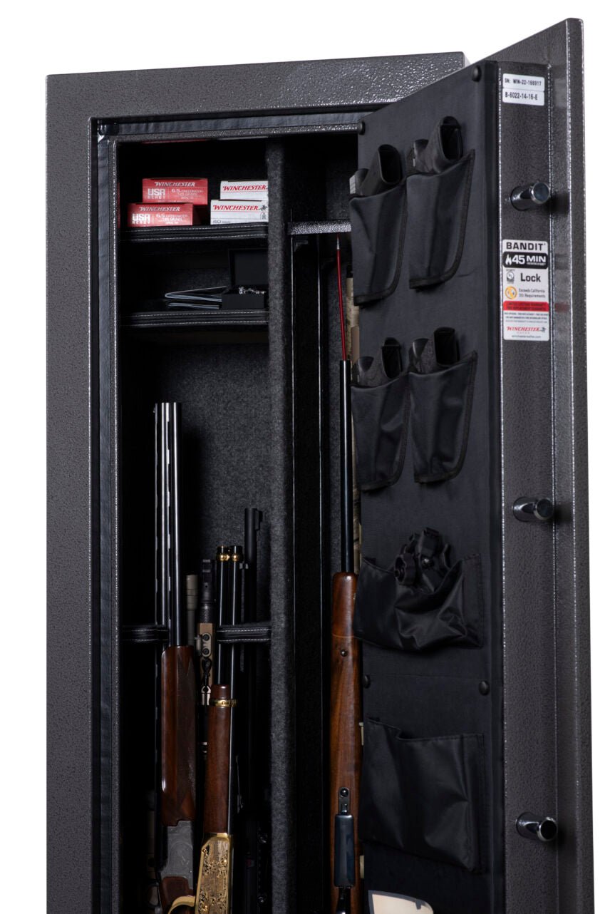 Winchester Bandit 14 interior with long guns on GunStiXX, door panel organizer, top shelf, and 45-minute fire rating label