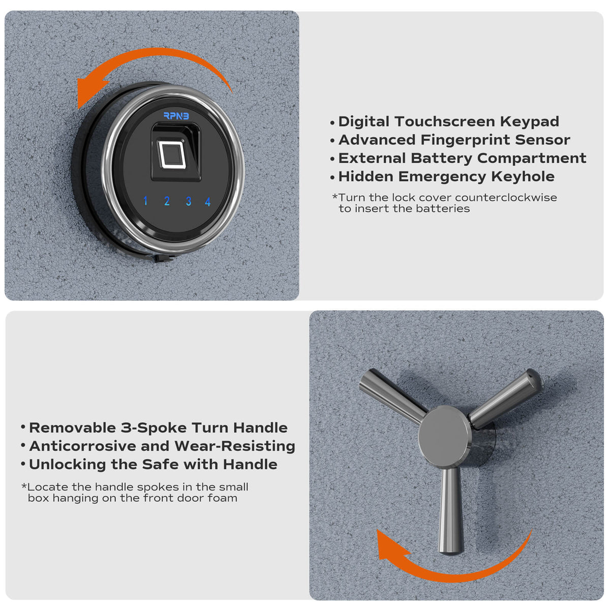 RPNB RPFS66G Grey Large Biometric Fireproof Safe with Touch Screen Keypad Digital Lock &amp; 3-Spoke Handle
