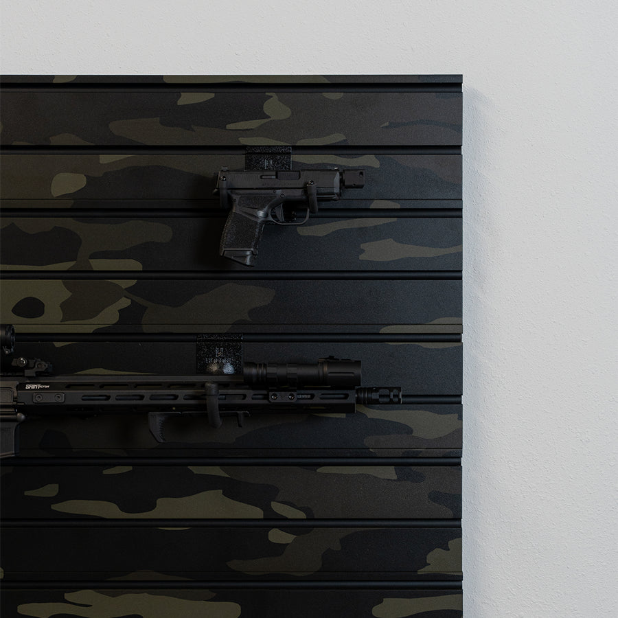 Hold Up Displays 6 Piece Black Camo Slatwall Panel Set HDSW2-3X4-BC Closeup with Guns