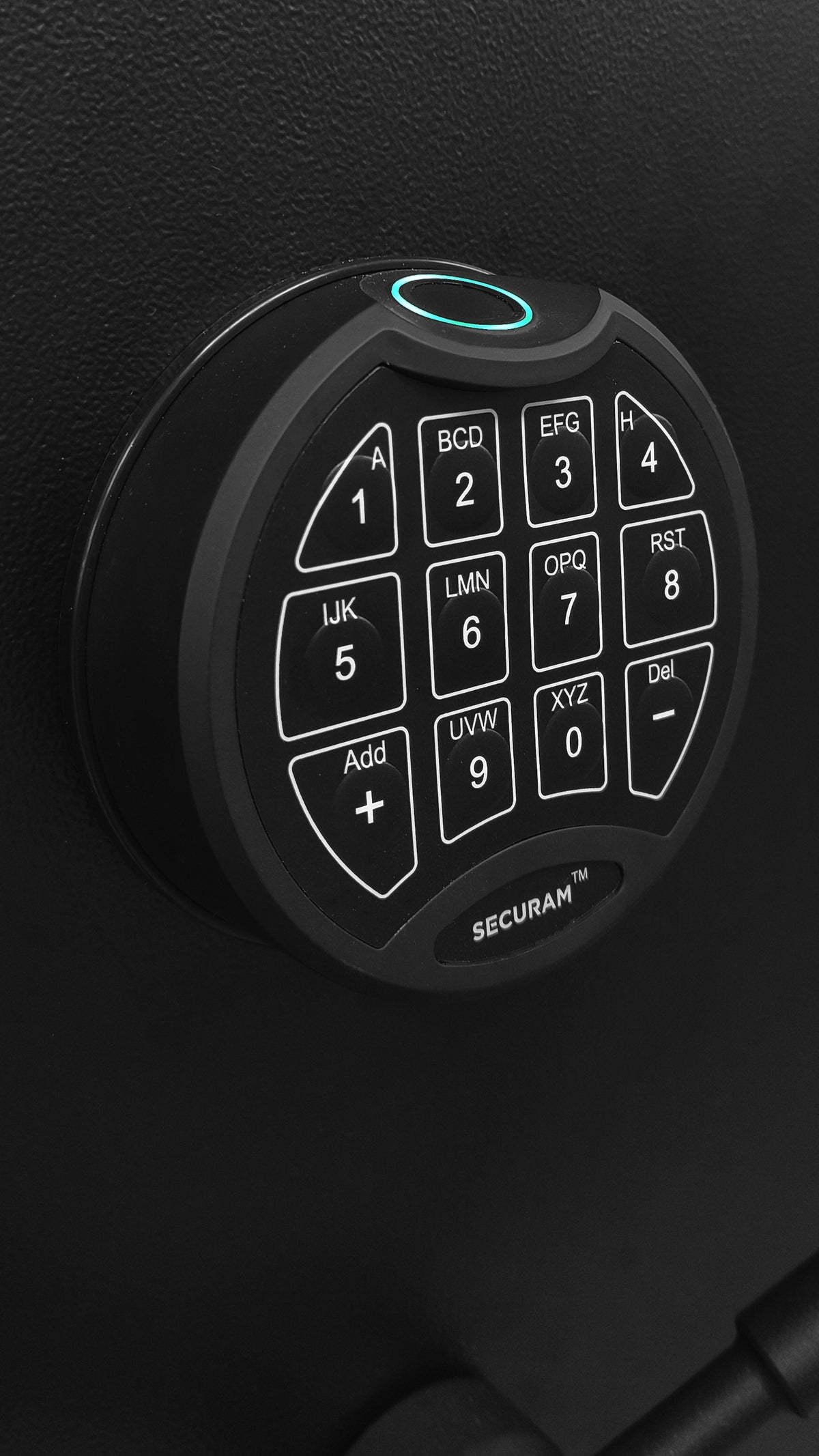 Digital biometric keypad on a black Vulcan Vault Door