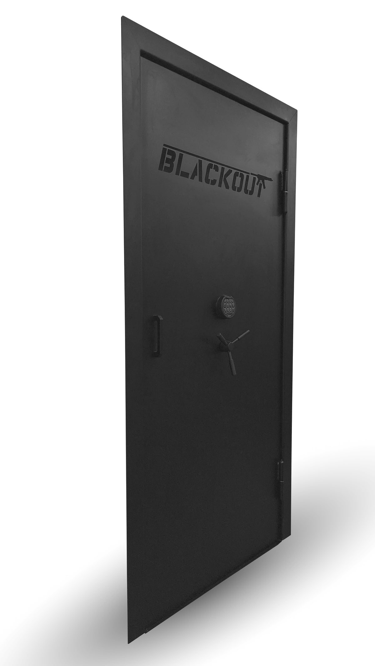 Black vault door with 'BLACKOUT' branding on a white background angled