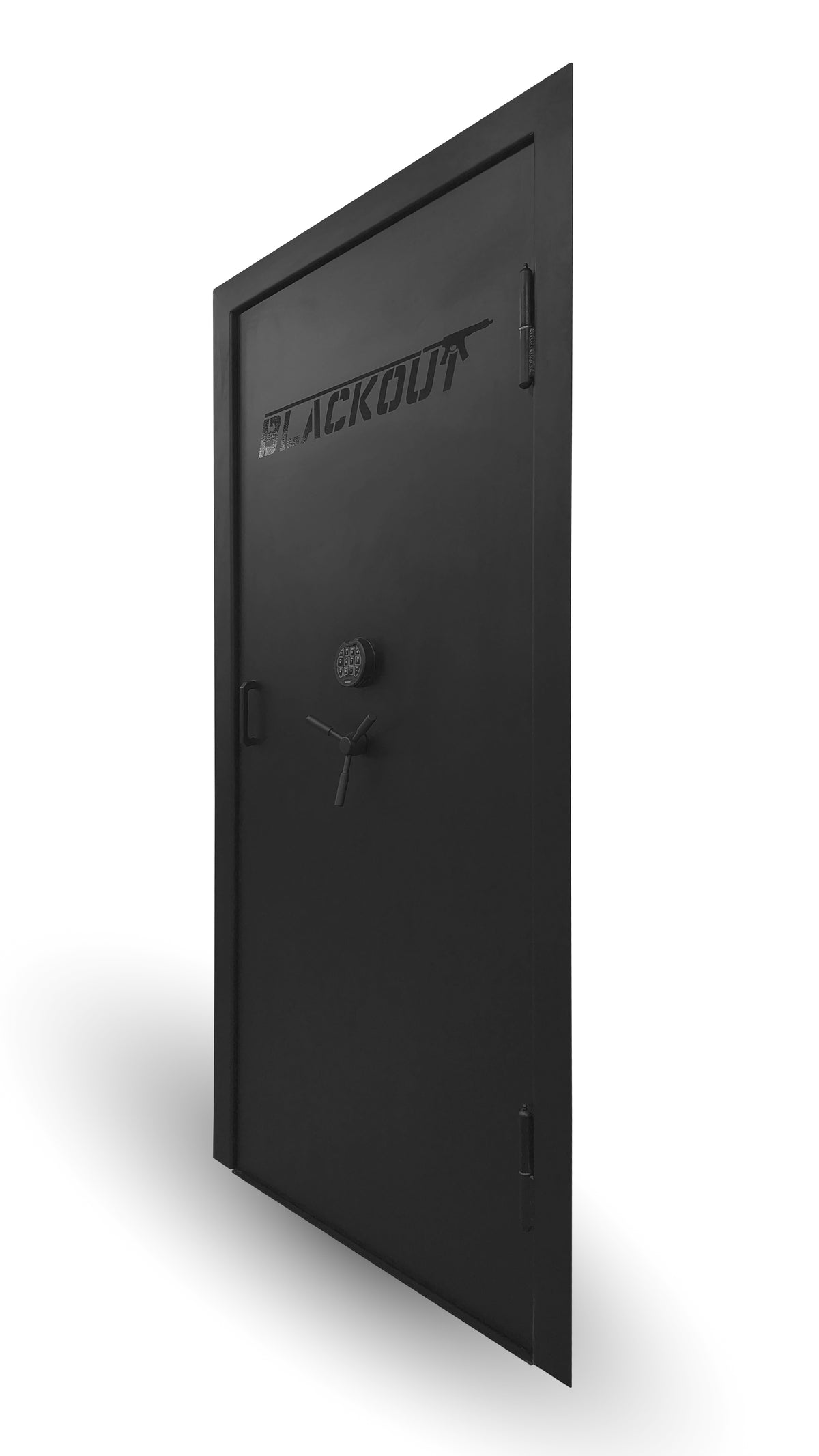 Black vault door with 'Blackout' branding on a white background