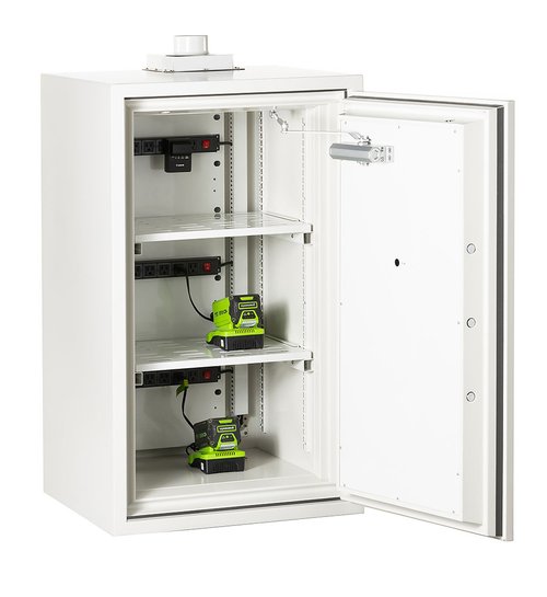 White electronic equipment cabinet with open door showing internal shelves and power tools.