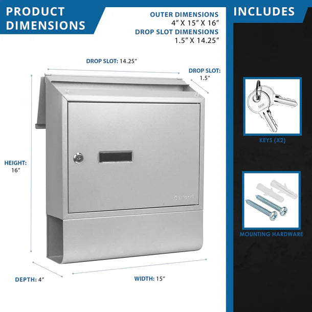 Barska CB13698 Contemporary Wall Mount Mailbox with Newspaper Bucket Product Dimenisons