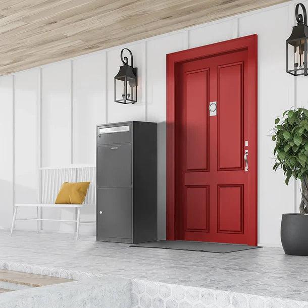 Barska CB13704 Dual Compartment Locking Mail and Parcel Box MPB-700 Mounted Next to Red Door on Porch