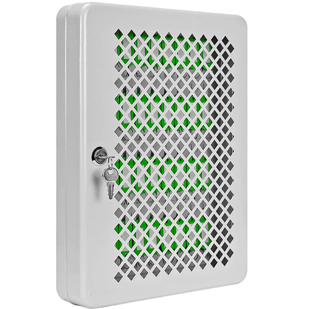 Barska CB13758 40 Capacity Fixed Position Mesh Front Key Cabinet with Key Lock Angled with Keys in Lock & Key Tags