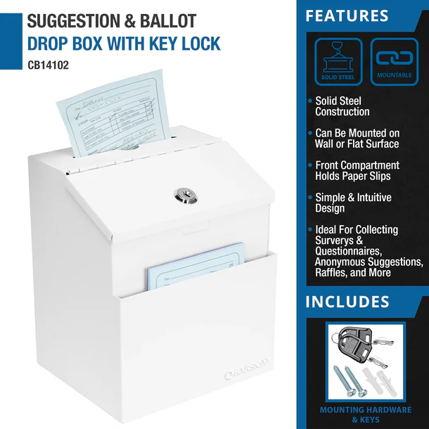 Barska CB14102 Suggestion/Ballot Box with Key Lock and Slot, White Suggestion &amp; Ballet