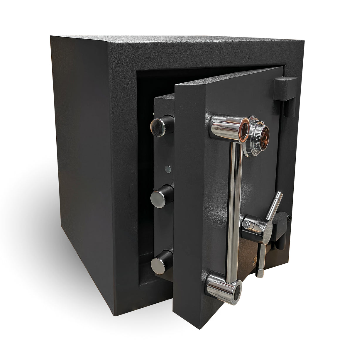 AMSEC American Security AMVAULT CF1814 TL30 high security composite burglar fire rated safe black front left open.