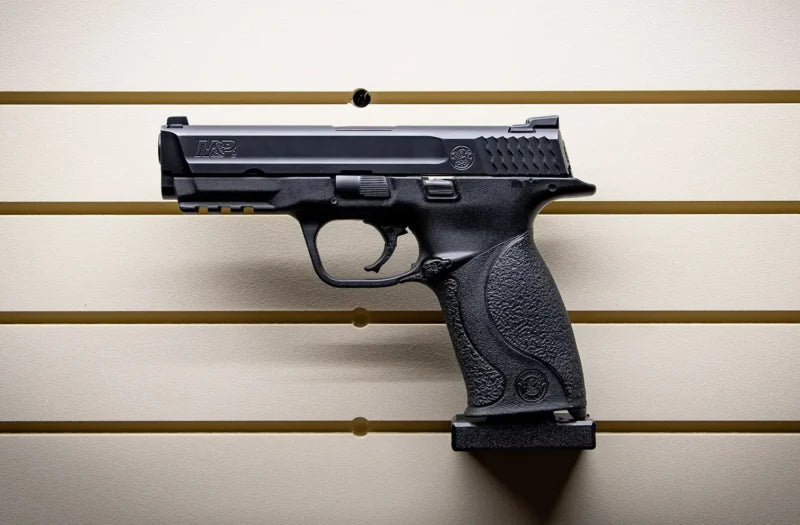Black handgun on a beige wall with horizontal lines