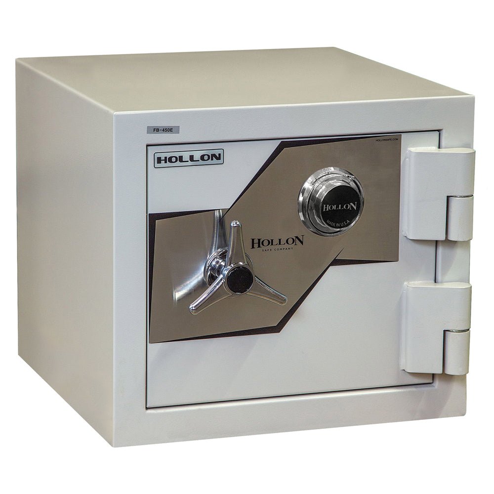 Hollon FB-450C 2-hour fire and burglary Oyster Series safe in grey-white with UL Listed S&G Group 2 mechanical dial combination lock on the door front, chrome tri-spoke handle, two 1.5-inch front locking bolts and 1-inch vertical locking bar behind the door, 2-hour fire rating at 1,850 degrees Fahrenheit, 215 pounds, 17.71 by 20-inch cabinet