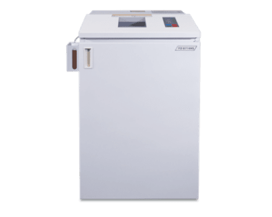 Formax FD-8714HS high security NSA listed optical media shredder, full unit floor-standing cabinet with feed slot, LED control panel, and side handle, front view