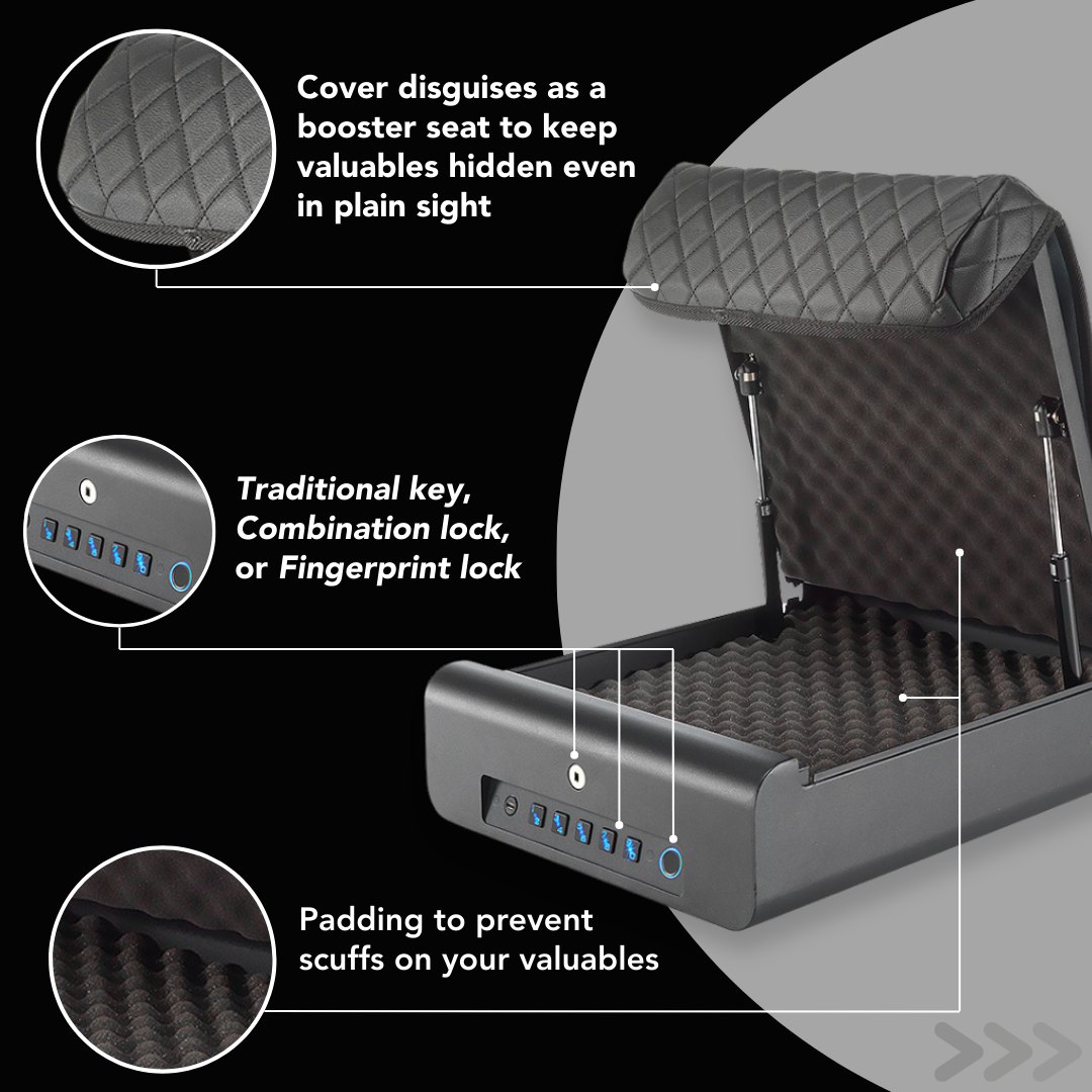 Car seat cover disguised as a booster seat with lock mechanisms and padding features.