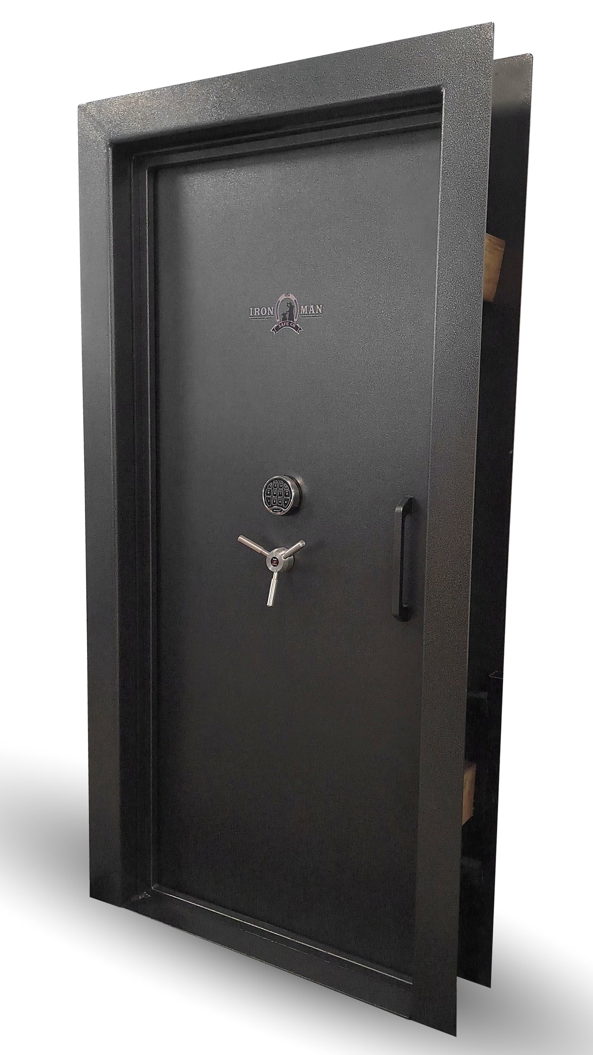 Ironman 7230 residential vault door in swing left hinge front right closed.