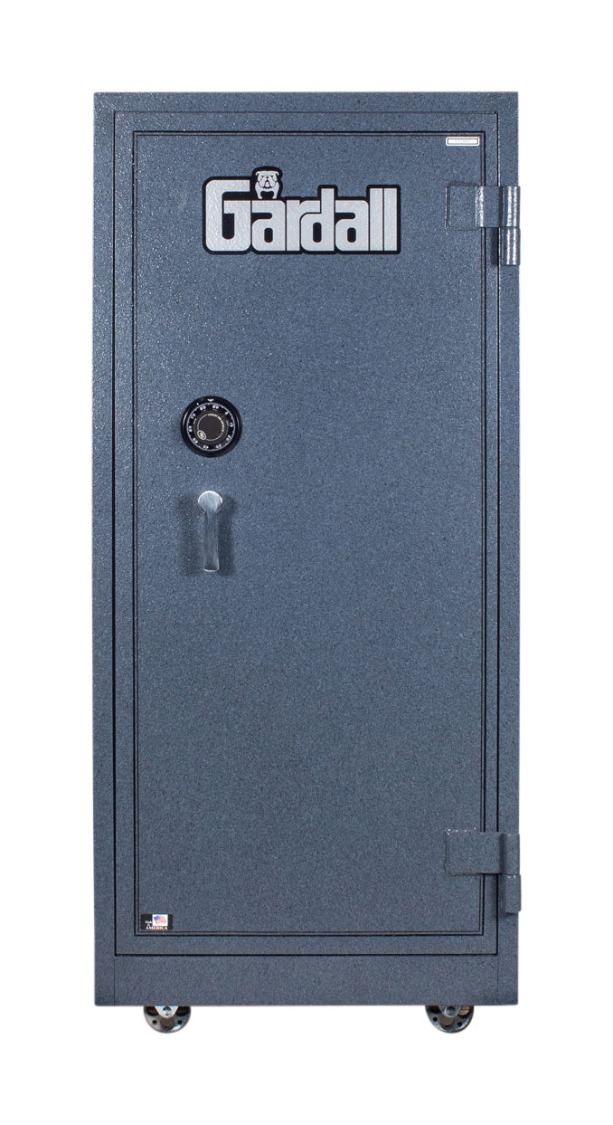 Gardall 4820 Burglar Fire Safe in Grey finish with castors installed. 