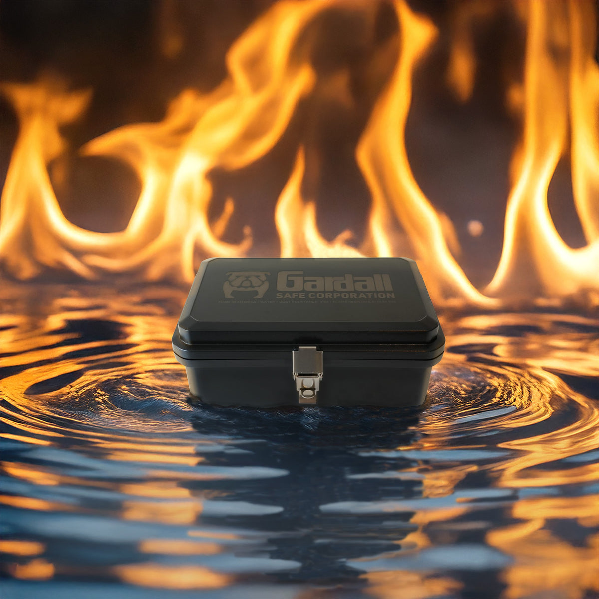 Black case with a brand logo on water with flames in the background