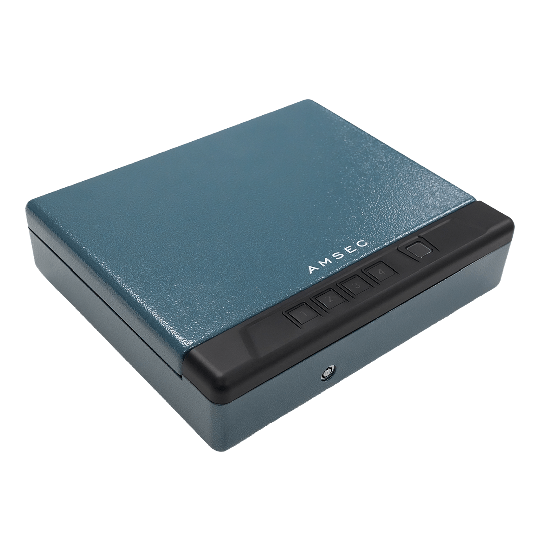 AMSEC Guardian Pro 5 (Model PB5) biometric pistol safe in textured medium blue with finger-swipe biometric reader and 5-digit electronic keypad on the top-mounted door, compact 11.75 by 10-inch footprint at 2.75 inches tall for nightstand, drawer, or vehicle installation