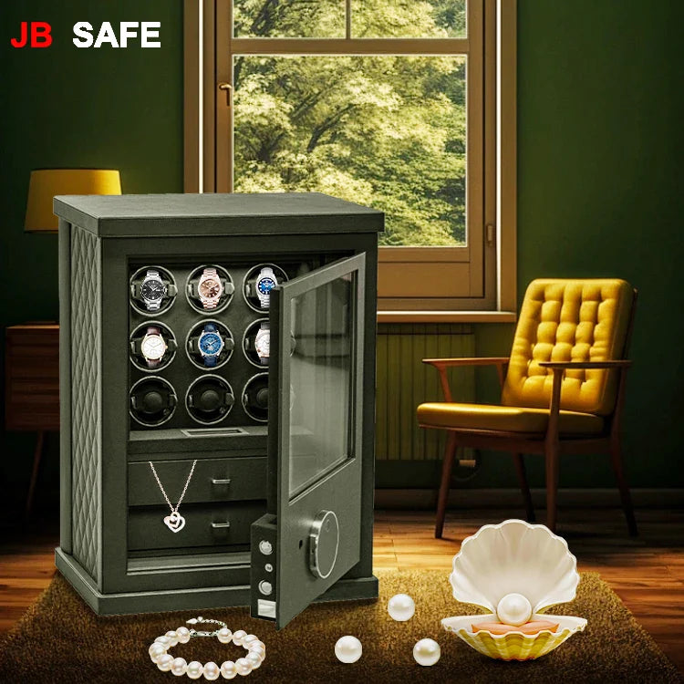 JB Watch Winder &amp; Jewelry Safe 1 Jewelry Drawer &amp; 12 Watch Winders Open in Living Room