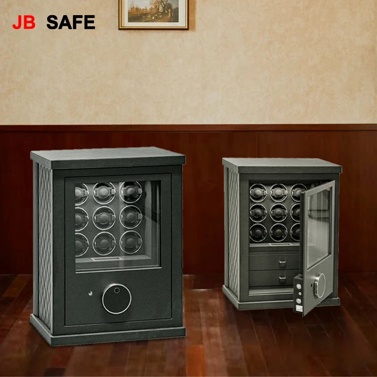 JB Watch Winder &amp; Jewelry Safe 2 Jewelry Drawers &amp; 9 Watch Winders On Wood Floor Door Open and Closed