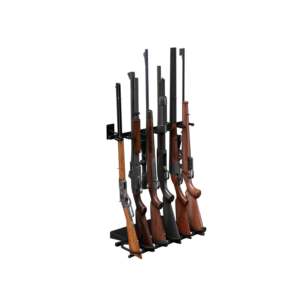 Gun rack holding multiple rifles on a white background