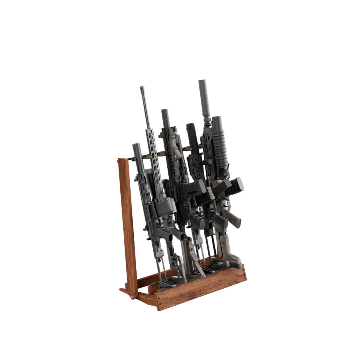 Hold Up Displays Hardwood Folding Firearm/Bow Rack HD54 full of rifles