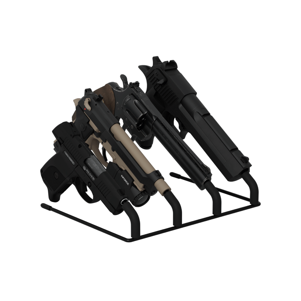 Hold Up Displays In-Barrel Countertop 4 Pistol Rack - HD72 with Handguns & Revolvers