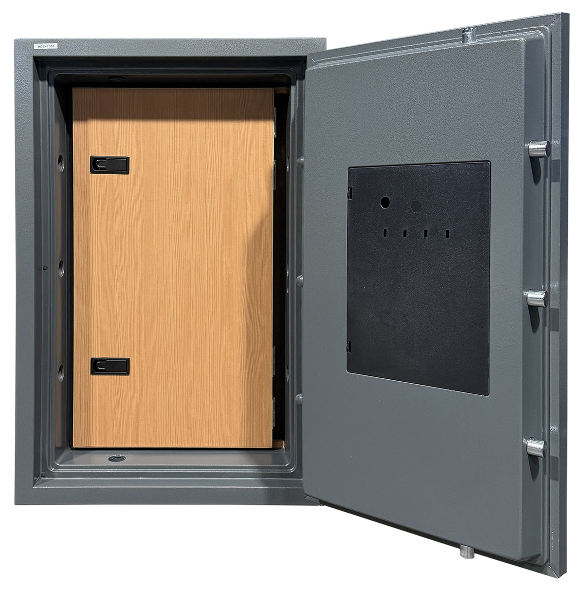 Hollon HDS-1000 outer safe door open with the wood-grain inner door closed