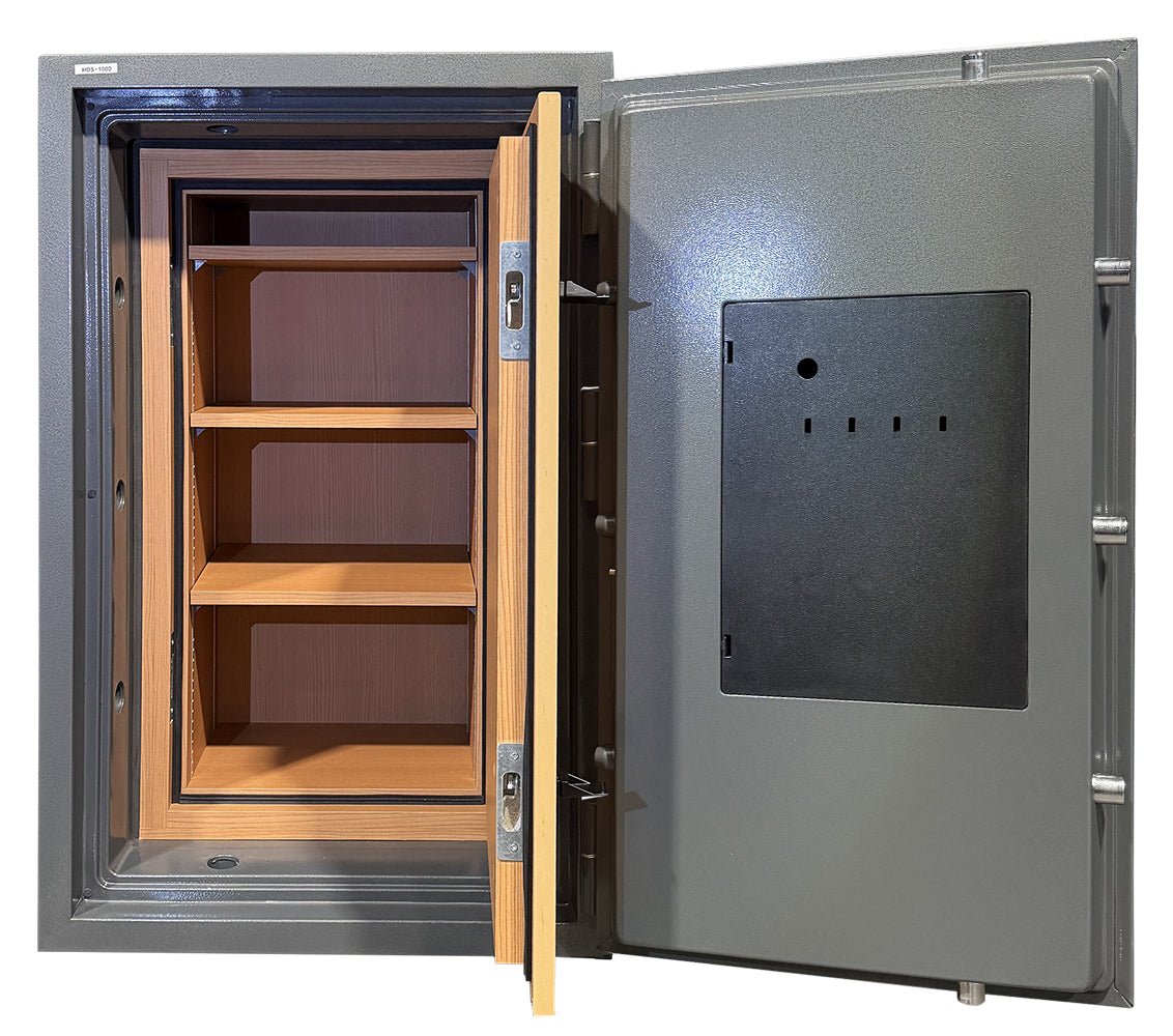 Hollon HDS-1000 with both doors open, showing the two removable adjustable shelves and wood-grain interior lining