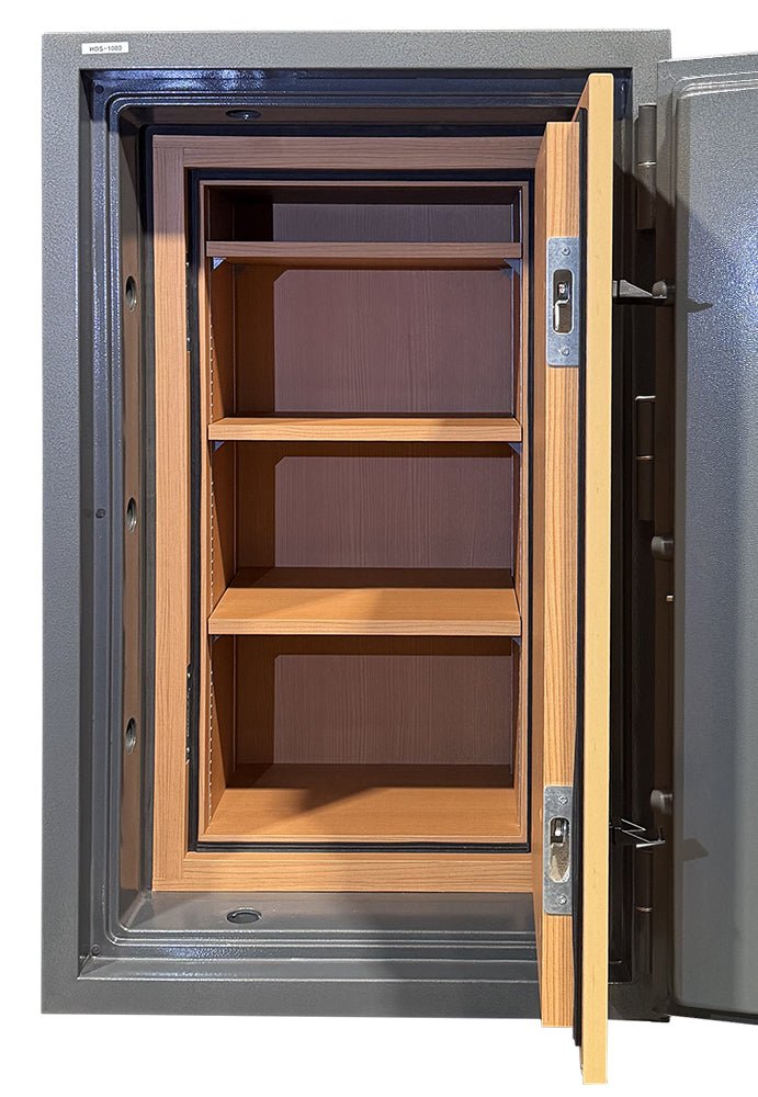 Close-up of the Hollon HDS-1000 interior with the inner door open, showing the two adjustable shelves