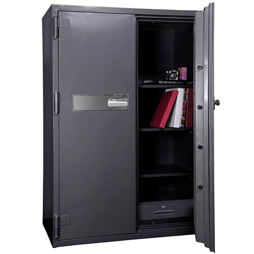HS-1750 With Right door Open showing adjustable shelves and locking drawer positioned at bottom of safe.