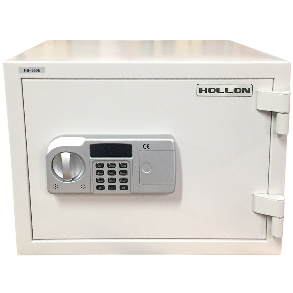 Hollon HS-360E fireproof home safe in white with digital electronic keypad, LCD display, round dial, "HS-360E" model label, and Hollon branded nameplate, front view