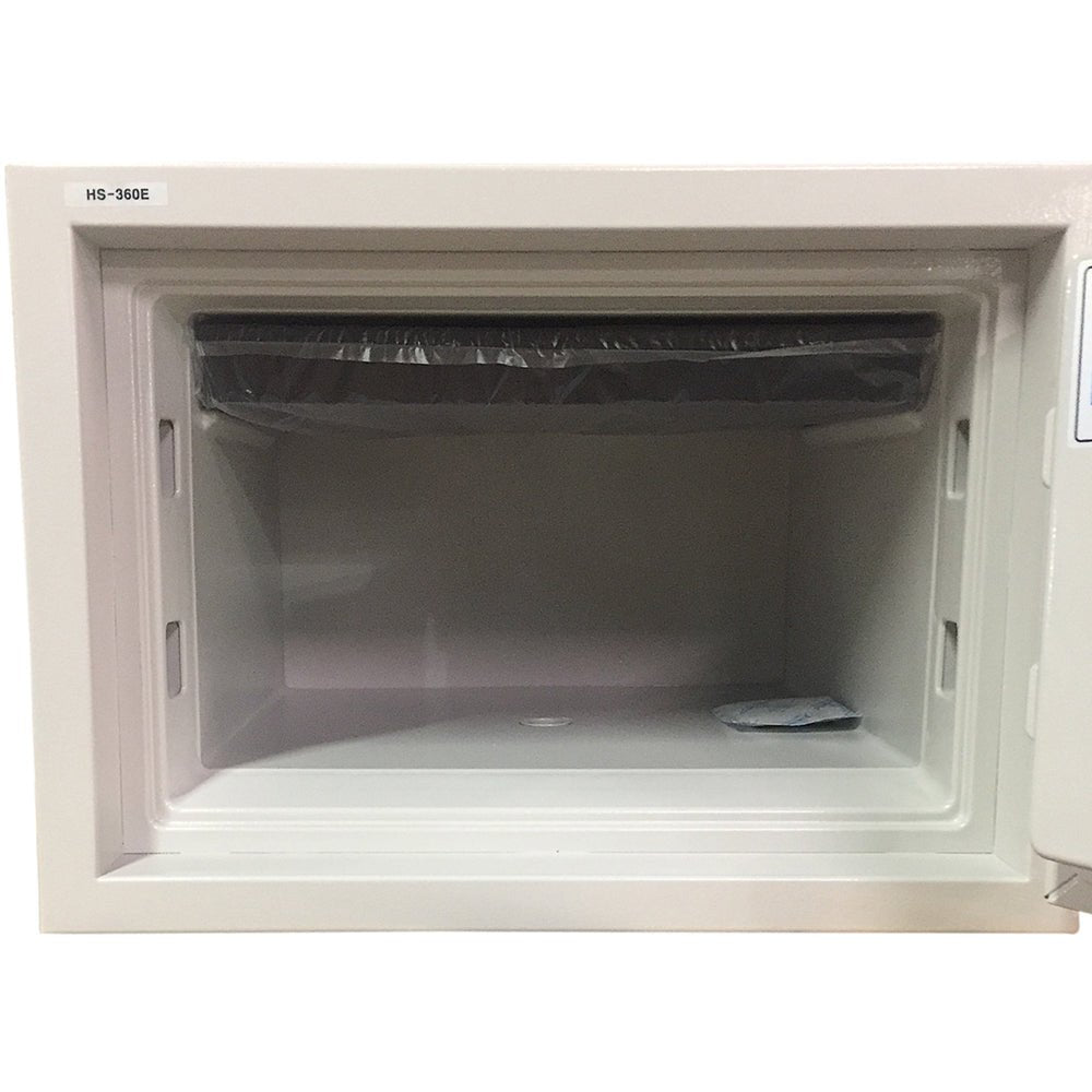 Hollon HS-360E fireproof home safe in white with door open showing empty white interior, intumescent door seal across the top, and bolt receivers on the side walls