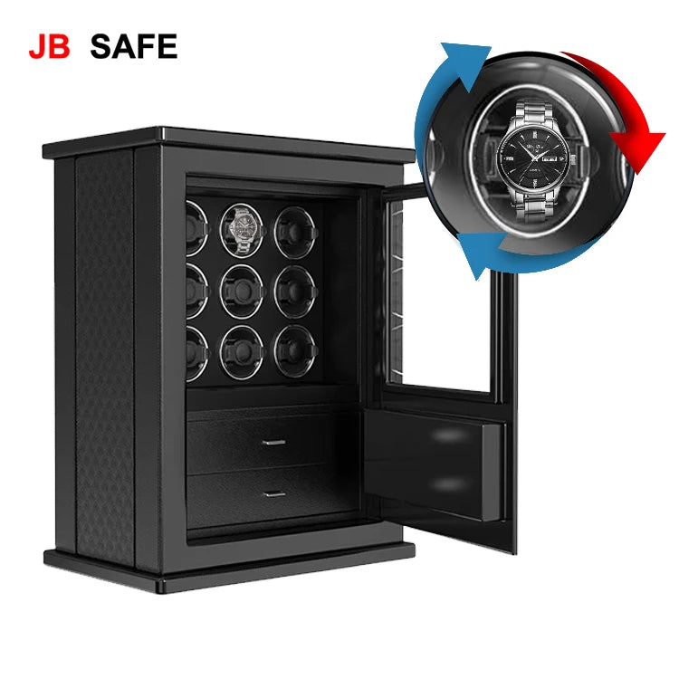 JB Watch Winder &amp; Jewelry Safe 1 Jewelry Drawer &amp; 12 Watch Winders Door Open Rotating Watch Winder