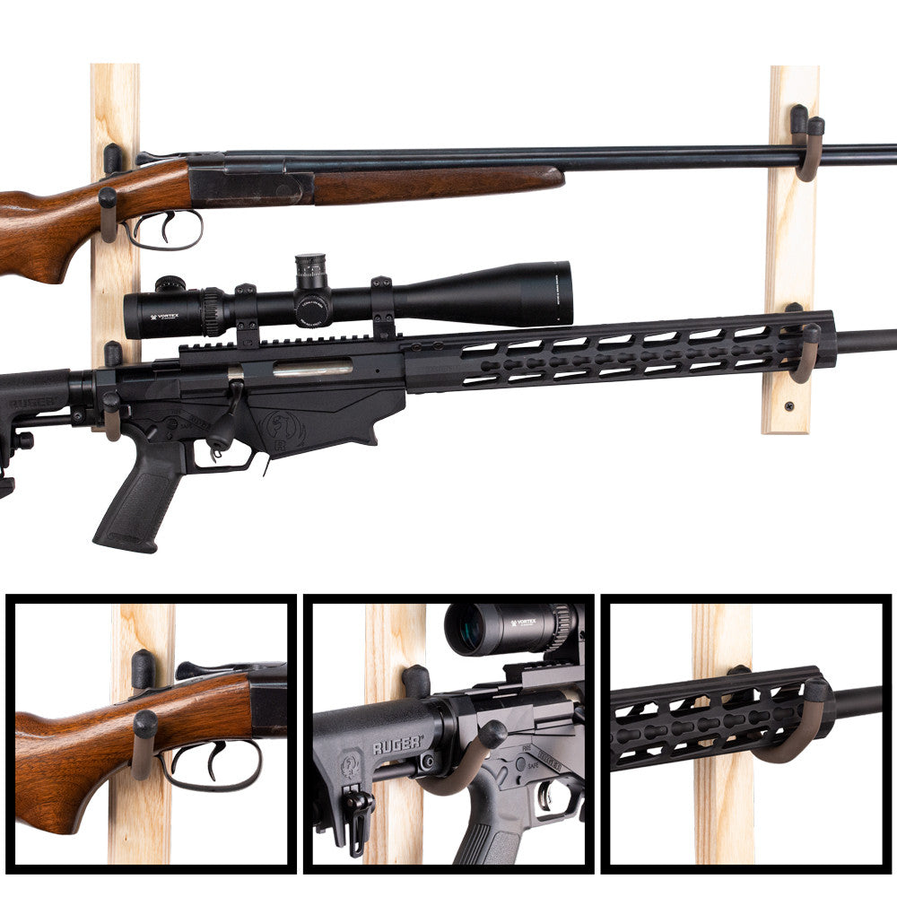 Hold Up Displays Hardwood Horizontal Firearm/Fishing Rod Rack - HD12 Closeup of Rifles & Holders