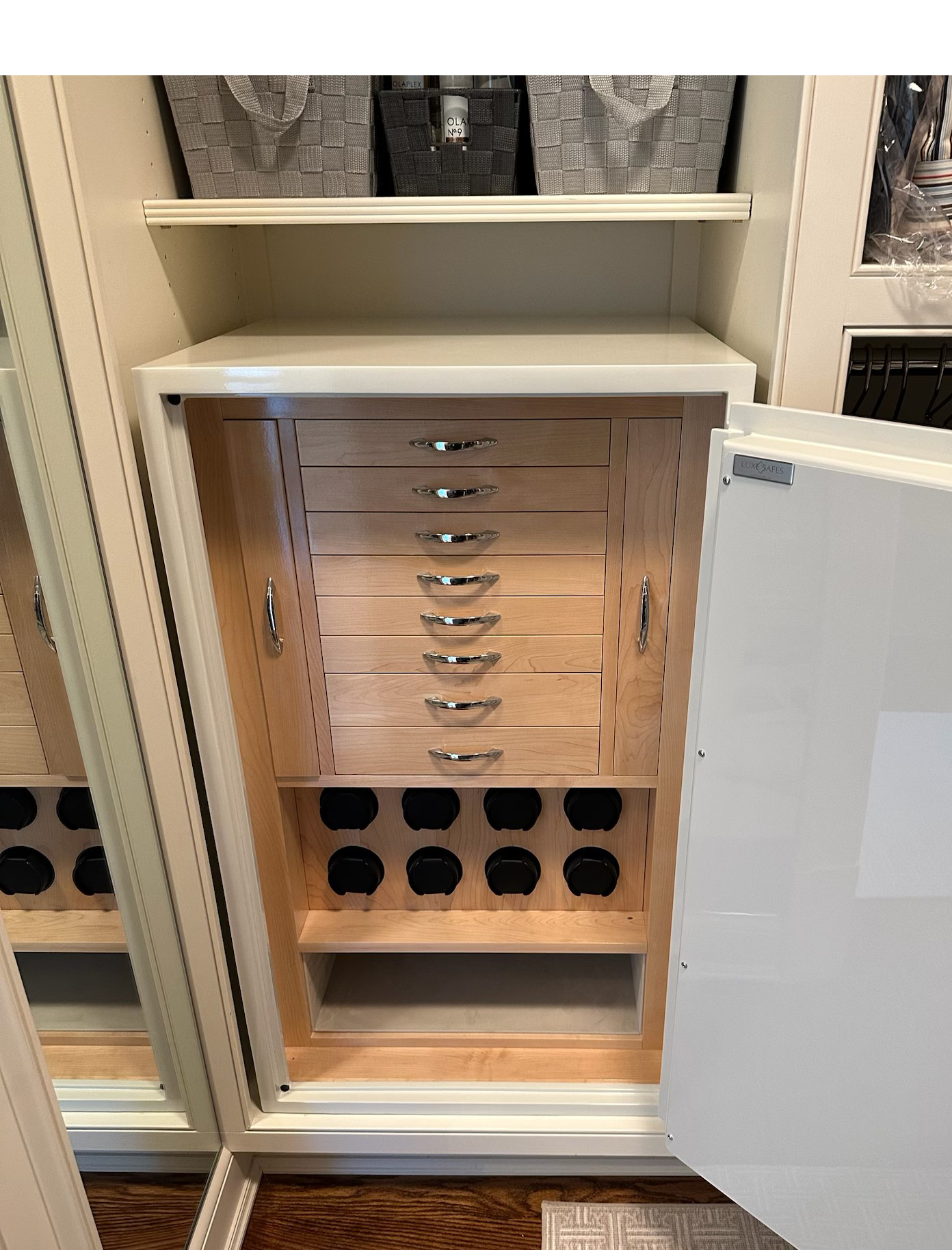 Luxe Watch Winder & Jewelry Safe in White Installed in a Closet