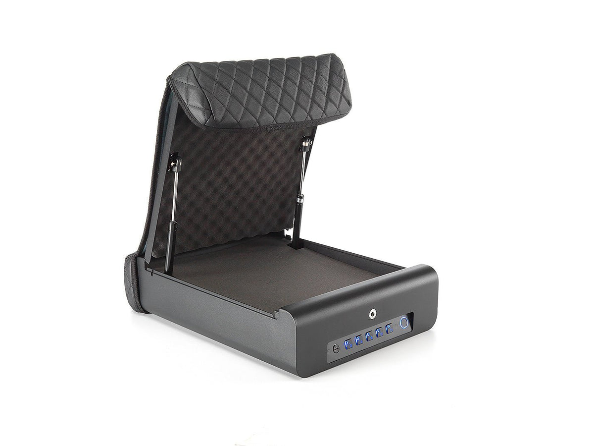 BoostedSafe Elite Vehicle Gun Safe open side-angle view on white background showing booster seat cover folded back, flat interior base, gas hinge struts, and front panel with blue-lit keypad