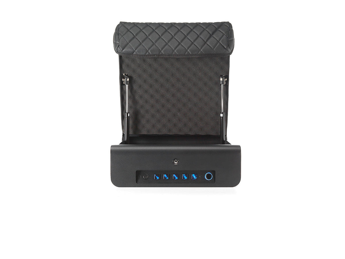 Black electronic device with quilted design on top and control panel below on a white background