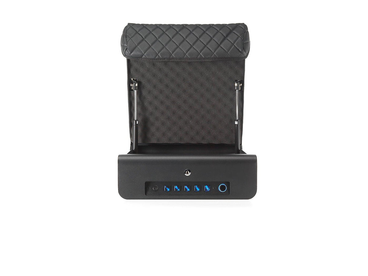 BoostedSafe Elite Vehicle Gun Safe open direct front view on white background showing diamond-quilted foam lid interior, dual gas struts, and control panel with blue-lit fingerprint sensor and keypad buttons